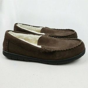 Lands' End Mens Suede Leather Moccasin Slippers Dark Mahogany
